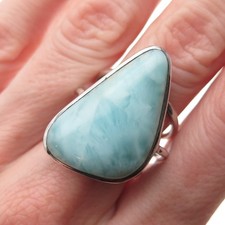 925 Sterling Silver Vintage Real Larimar Modernist Oxidized Ring Size 6