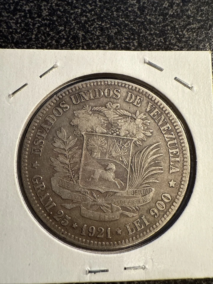 1921 Venezuela 5 Bolivares Coin, 90% Silver, 37.2mm, Y#24.2 #7 - Image 2 of 2