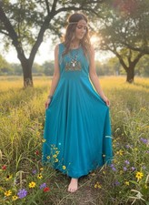 Rich Lady Indian Anarkali Maxi Dress Turquoise Beaded Embroidered Gown Large