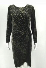 Tahari Women's Medium Velvet Green Leopard Velour Long Sleeve Dress