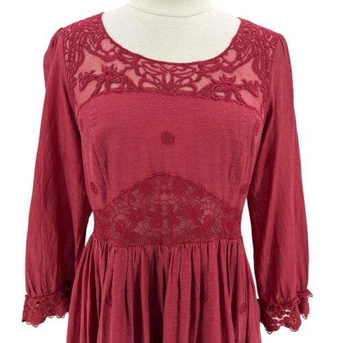 Free People Womens 8 Montana Dress Red Lace Embroidered Fit & Flare Western Boho - Picture 2 of 9