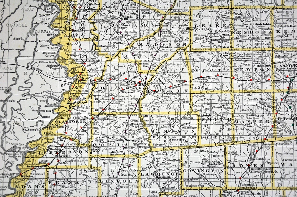 Mapa ferroviario Rand McNally 1892 Mississippi Jackson Biloxi Vicksburg Tupelo RR Foto 4 de 4