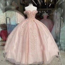 Pink Off Shoulder Quinceanera Dresses Ball Gowns 3D Flowers Prom Party Sweet 15