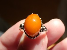 Vintage Polish Sterling Silver Dark Butterscotch Amber Cabochon Ring 925 Sz 6.5