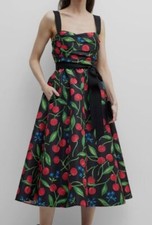 $2491 Carolina Herrera Women's Black Cherry-Print Draped Sash Midi Dress Size 6