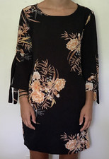 Minipeach Women Sz S Shift Mini Dress 3/4 Sleeve Floral Black Lightweight