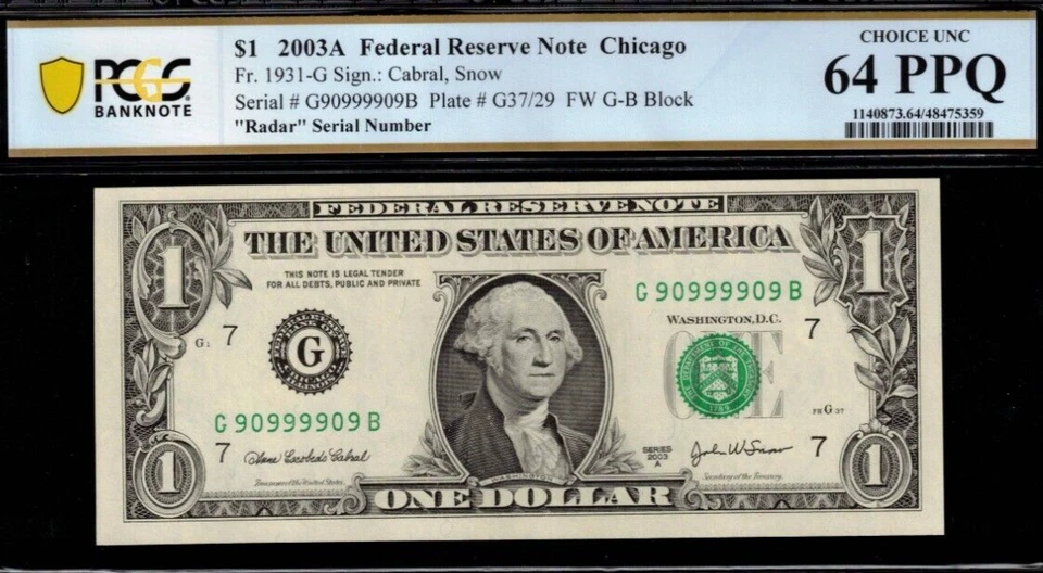 2003A $1 Federal Reserve Note PCGS 64PPQ super radar serial number 90999909 - Image 2 of 3