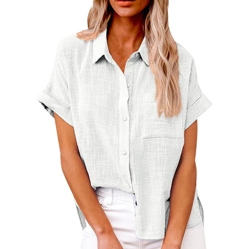 Womens Cotton Linen Casual Blouse Ladies Button T Shirt Short Sleeve Tops - Bild 32 von 72
