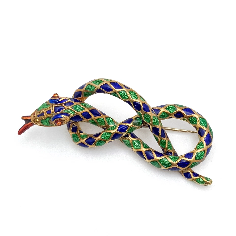 Старинная большая итальянская брошь на булавке из золота 18 карат и эмали в стиле модерн 26,5 г