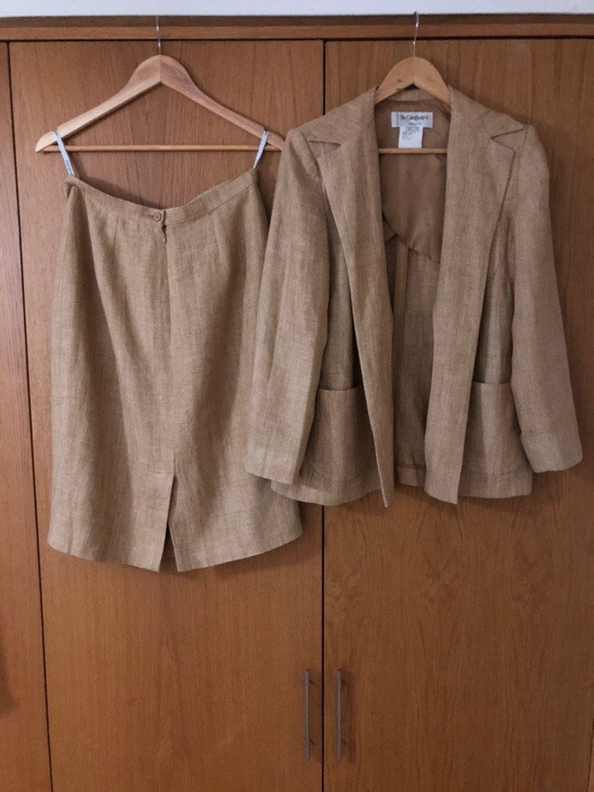 GONNA E GIACCA VINTAGE YVES SAINT LAURENT LINO BEIGE SU MISURA US 10 UK 14