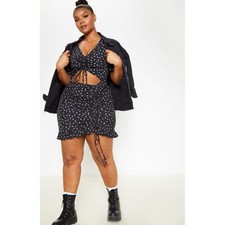 Plus Size Black Polka Dot Ruched Dress