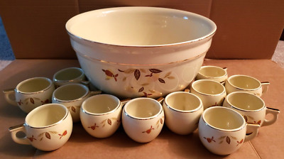 1993 Hall Jewel Tea Autumn Leaf Punch Bowl and 12 Cups Mugs Set
