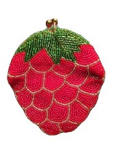 Vintage Hand Made Coin Change Purse Red Strawberry Beaded Sequins Lined Korea