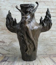 Signed Art Deco Chalon Nude Girls Bronze Vase Statue Figural Decoration Artwork