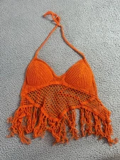 Sans Souci Womens Padded Backless Crochet Halter Knit Top Orange Size L