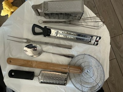 7 Kitchen Utensils-grater, zester, spoon, fork, candy thermometer, strainer-lot