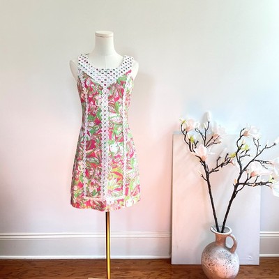 Lilly Pulitzer Shift Dress Women 0 Hibiscus Tropical Lace Applique Preppy Summer