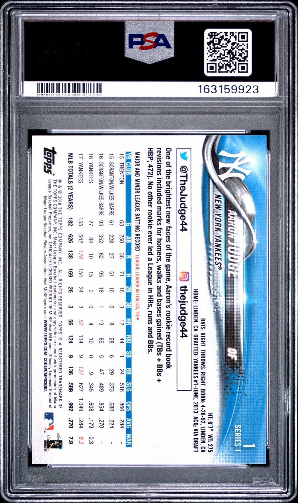 2018 Topps - Future Stars Aaron Judge #1 PSA 9 view 2