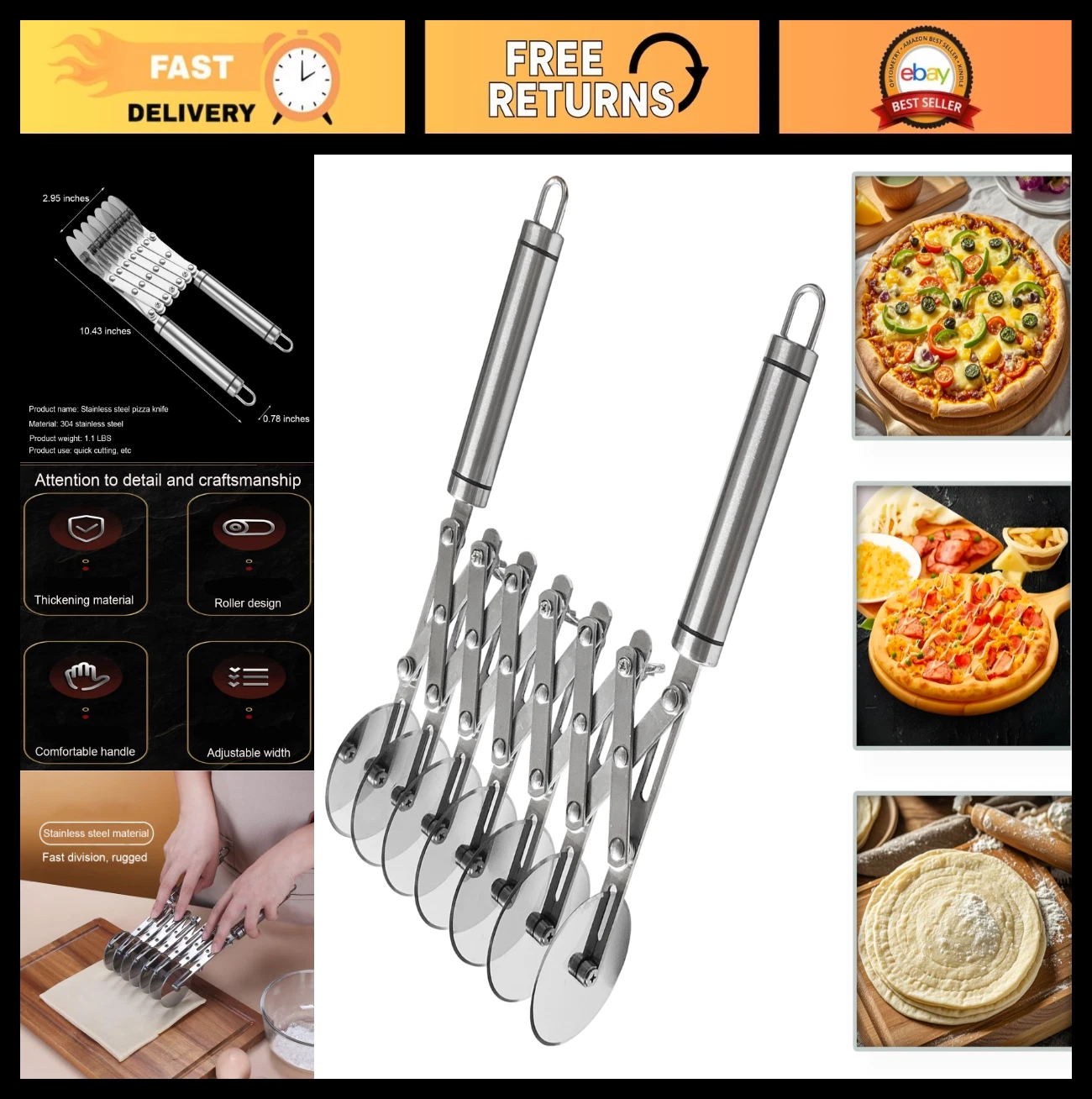 Adjustable 7-Wheel Pastry Cutter Tool, Stainless Steel Pizza & Pasta Slicer
Opens in a new window or