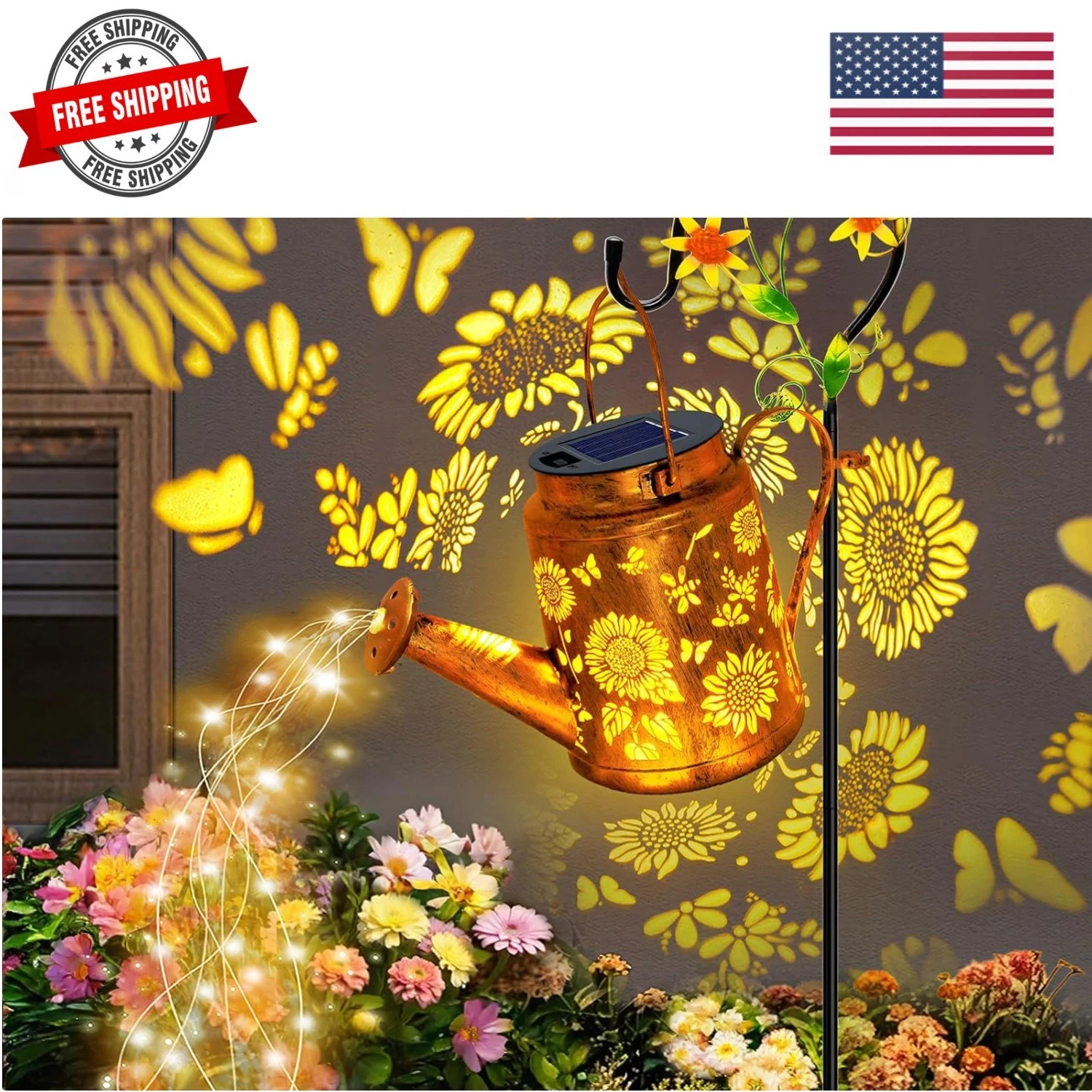 Solar Lights Outdoor Waterproof, Sunflower Solar Watering Can Lights with She...