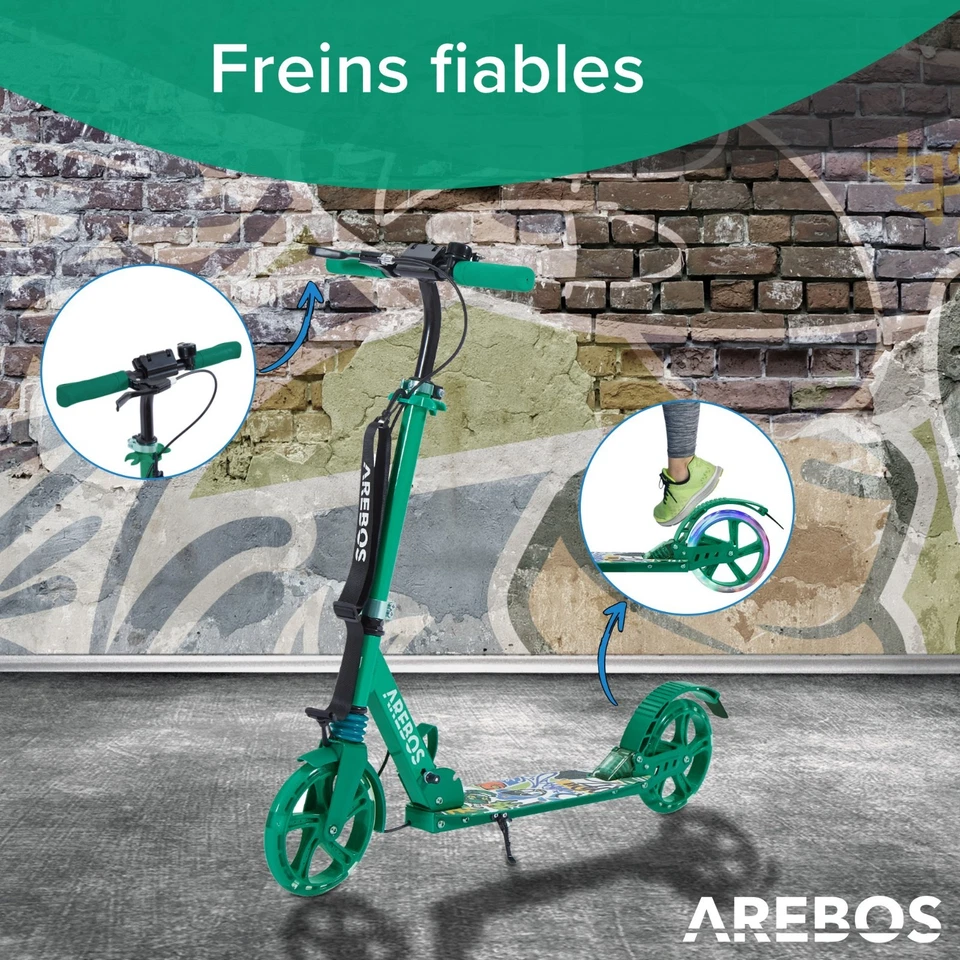 AREBOS Trottinette Pliable LED 200 mm Frein Disque Suspension Adulte Enfant Vert - Photo 4/4