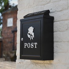 'Norfolk Rose' Black Wall Mounted Post Box with Silver Rose - Locking Letter Box