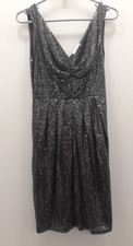 Monsoon Sequinned Dress 8 V Neck Pleated Waist Mesh Grey Sleeveless Lined