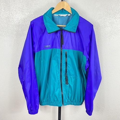 Vintage Columbia Windbreaker Rain Jacket Purple Teal Black w/ Hood Men's L