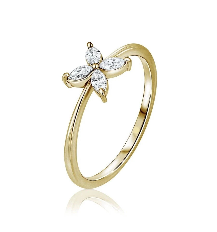 Anel de flor de moissanita real corte marquesa 1,5 ct ouro amarelo 14K - Imagem 2 de 3