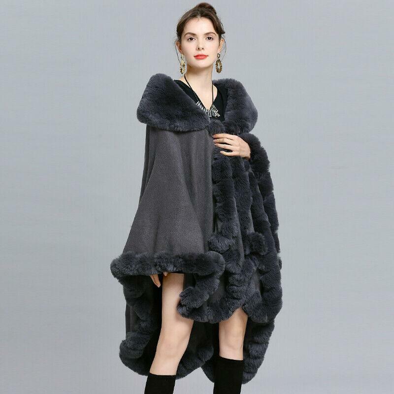Winter Maxi Faux Fox Fur Collar Cape Coat Women Evening Plush