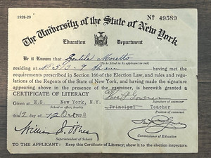 Certificate of Literacy;  1928-29 UNIVERSITY OF STATE OF NEW YORK 49589