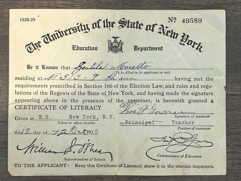 Certificate of Literacy;  1928-29 UNIVERSITY OF STATE OF NEW YORK 49589