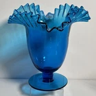 Blenko Art Glass Azure Blue Ruffle Blown Glass Pedestal Vase.