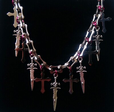 Handmade Stainless Steel Bracelet   Cross & Sword Charms   20cm   Gothic Alt