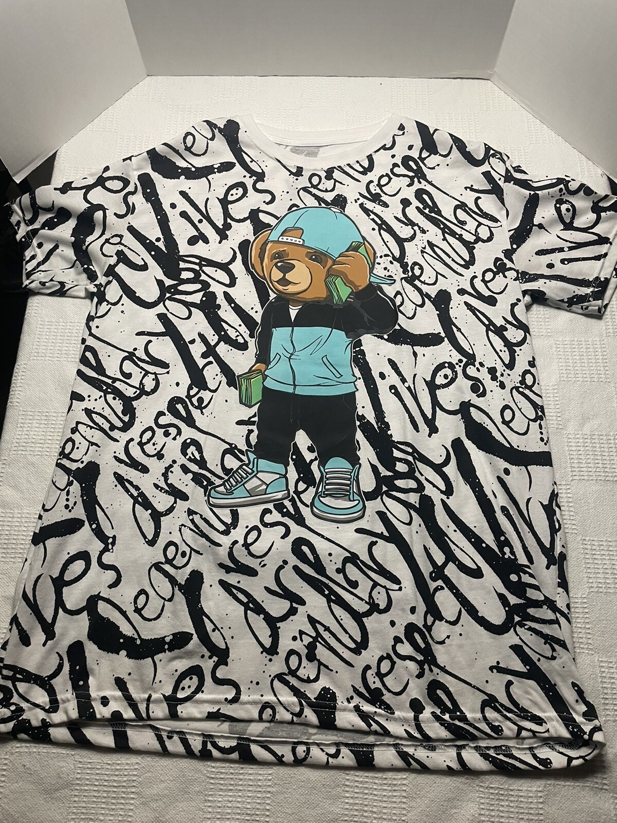 Vibes Graphic T-Shirt All Over Print Bear Black and White Men's XL