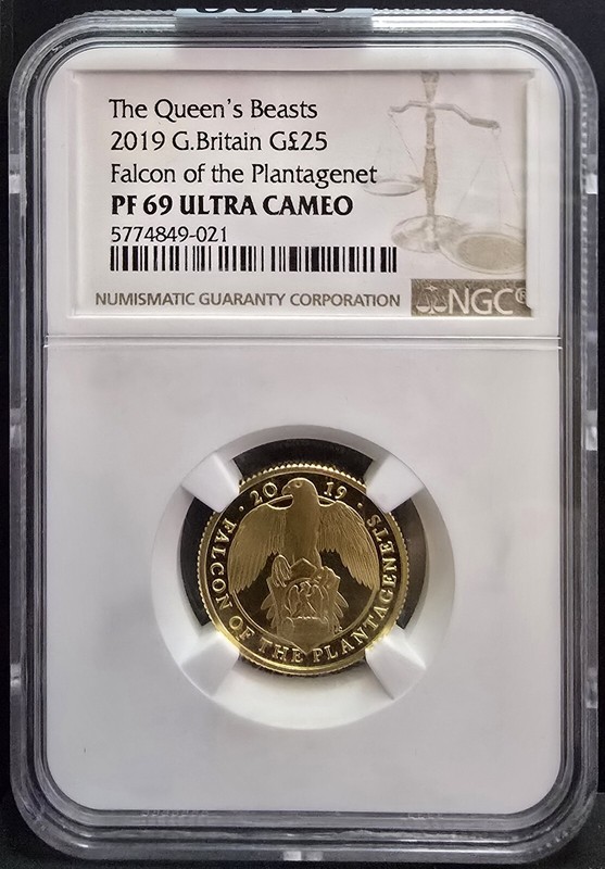 🔥2019 GB UK 1/4 oz 0.999 gold Queen's Beasts Falcon of Plantagenet NGC PF 69 UC