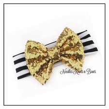Girls Gold Sequin Bow on Black and White Elastic Headband, Baby Toddler Hair Bow