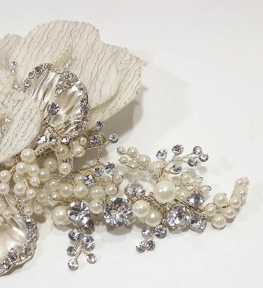 Davids Bridal Floral Headpiece with Pearls and Crystals Hair Clip Formal Prom - Image 2 of 4