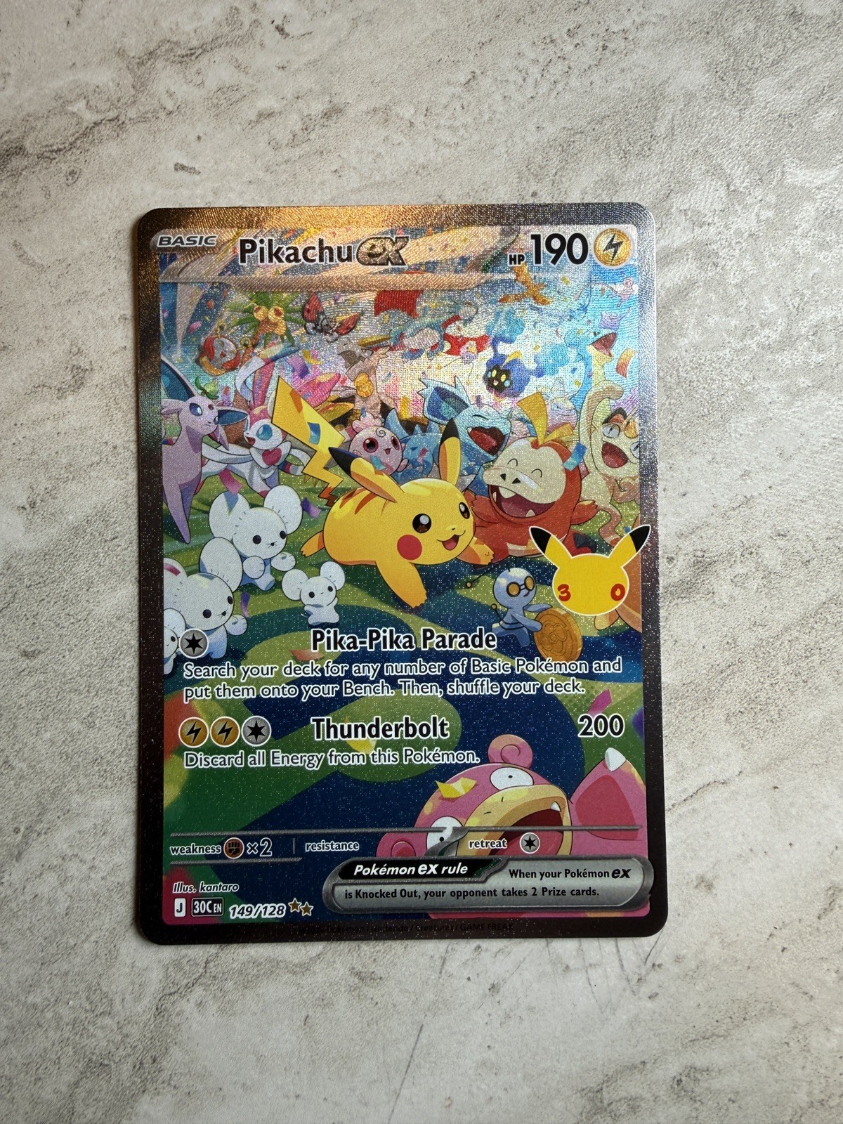 Pikachu ex 149/128 Me: 30th Celebration SIR Holo English 190 HP Kantaro