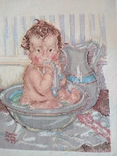 finished cross stitch pieces unframed  10"/8" My Daily Bath Vtg  Baby 