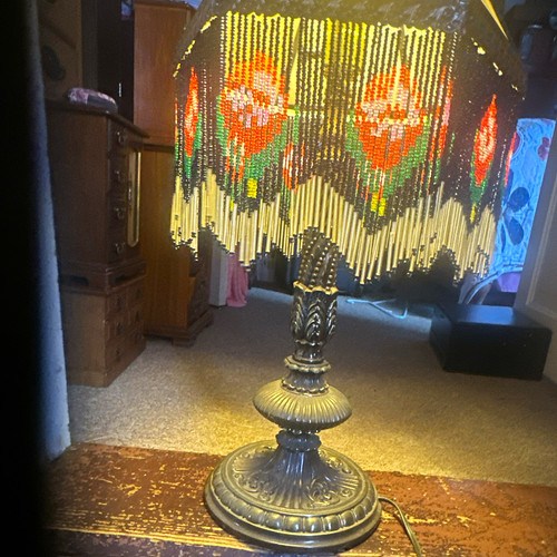 Antique slag glass beaded lamp . Not married a complete functional original lamp