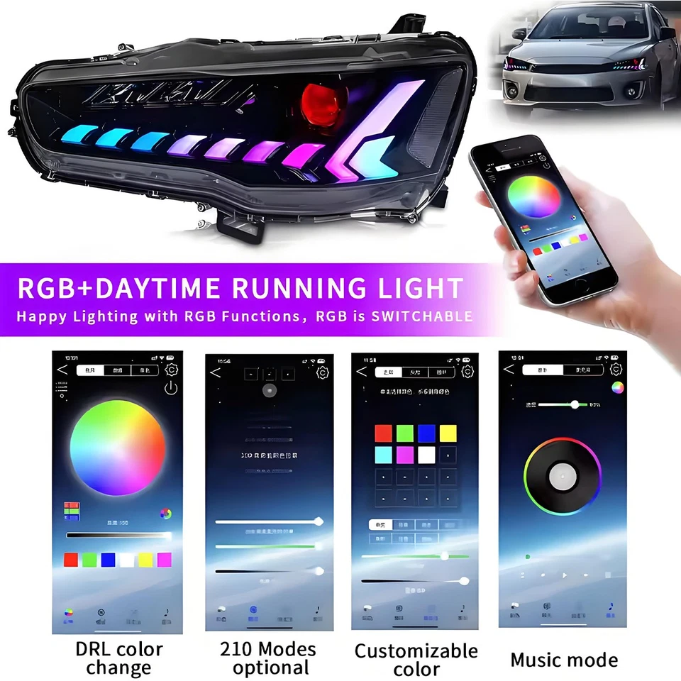 RGB LED Headlight For Mitsubishi Lancer EVO X 2008-2018 Head Front Lamps Pair - Image 4 of 4