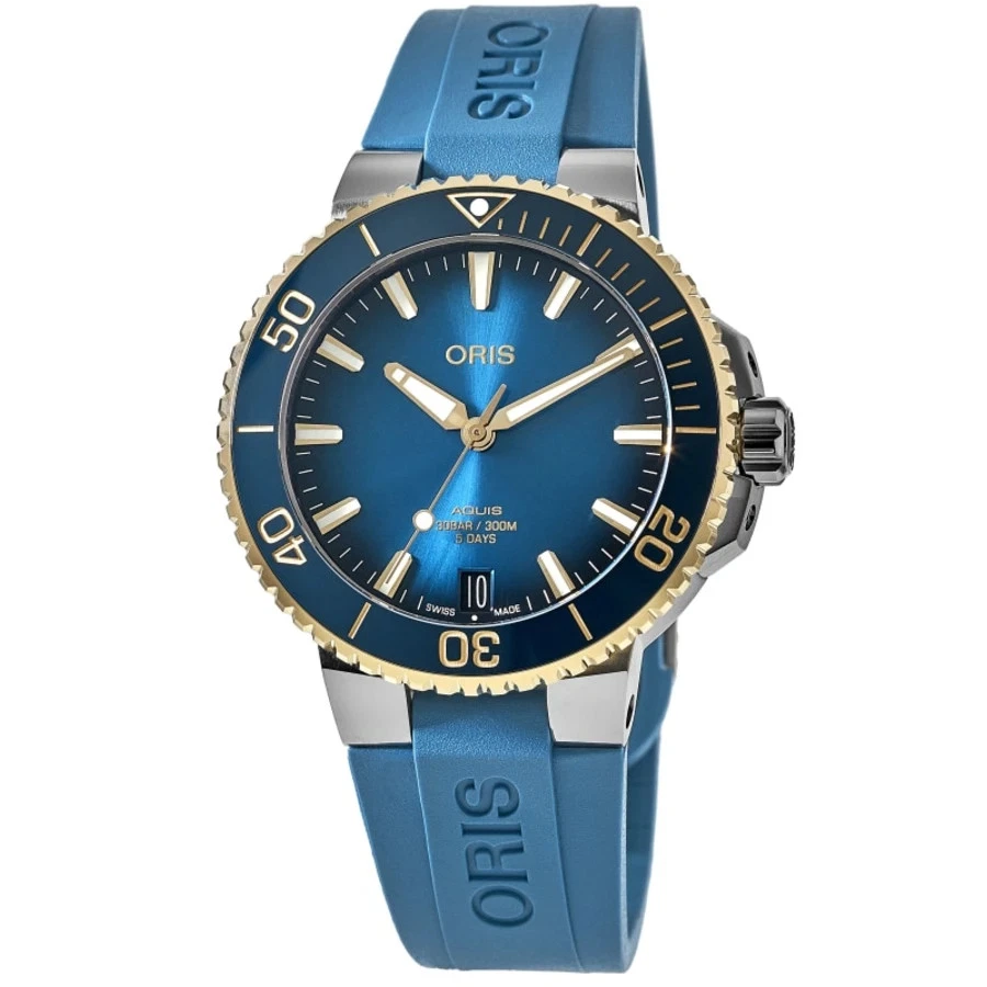 Nuevo reloj Oris Aquis fecha esfera azul dorado y para hombre 01 400 7769 6355-07 4 22 75FC