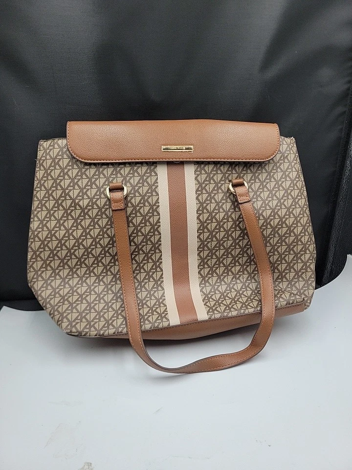 Anne Klein Tote Shoulder Bag Brown Tan Stripe Pattern Purse Large Handbag
