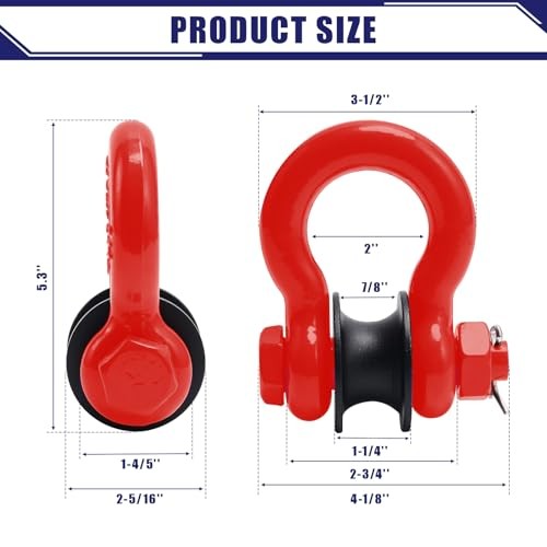  3/4" D Ring Shackles with Towing Pulley,Upgraded Snatch Block,7/8" 2 PCS Red