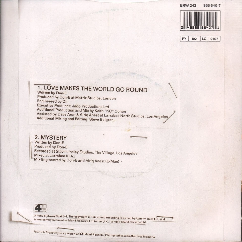 Don-E Love Makes the World Go Round 7" vinyl UK 4th and Broadway 1992 pic sleeve - Image 2 of 3