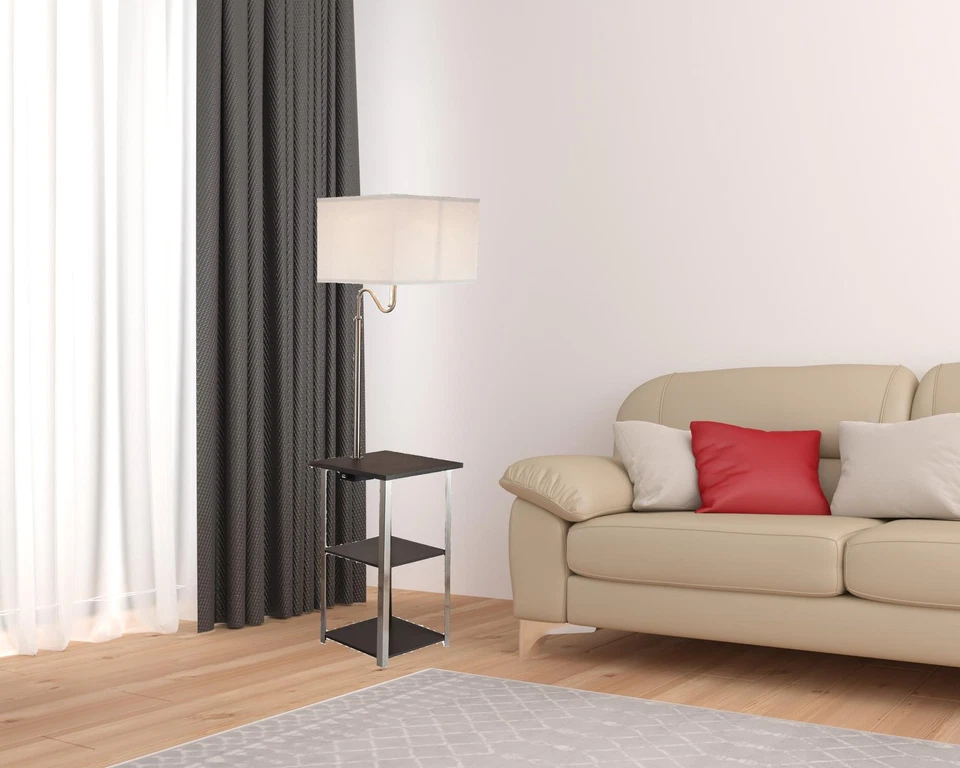 Lámpara de pie de mesa con bandeja de acero de 58" con pantalla cuadrada blanca Foto 3 de 4