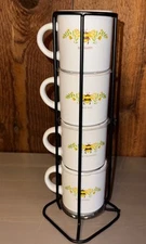 NOS Wildflower Wreath & Bee Stackable Mugs~ Set of 4~with Rack