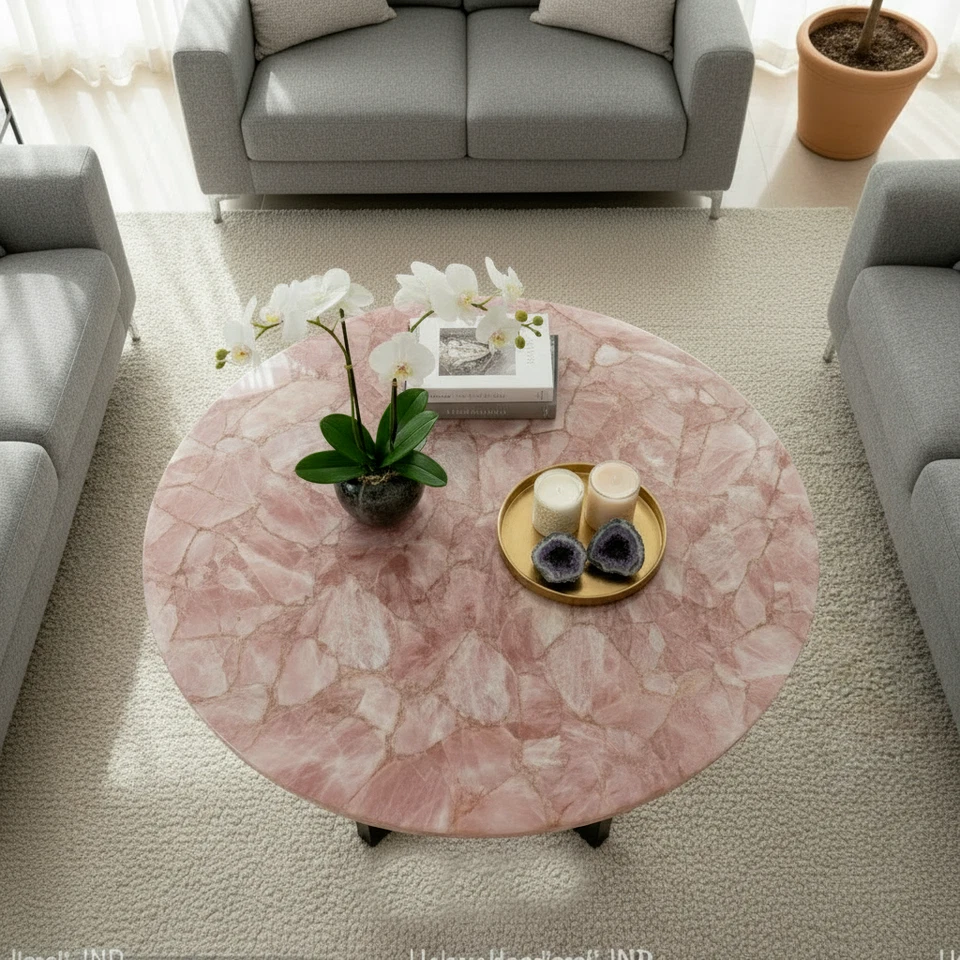Rose Quartz Pink Stone Table – Polished Crystal Table Top – Modern Luxury Home - Image 3 of 4
