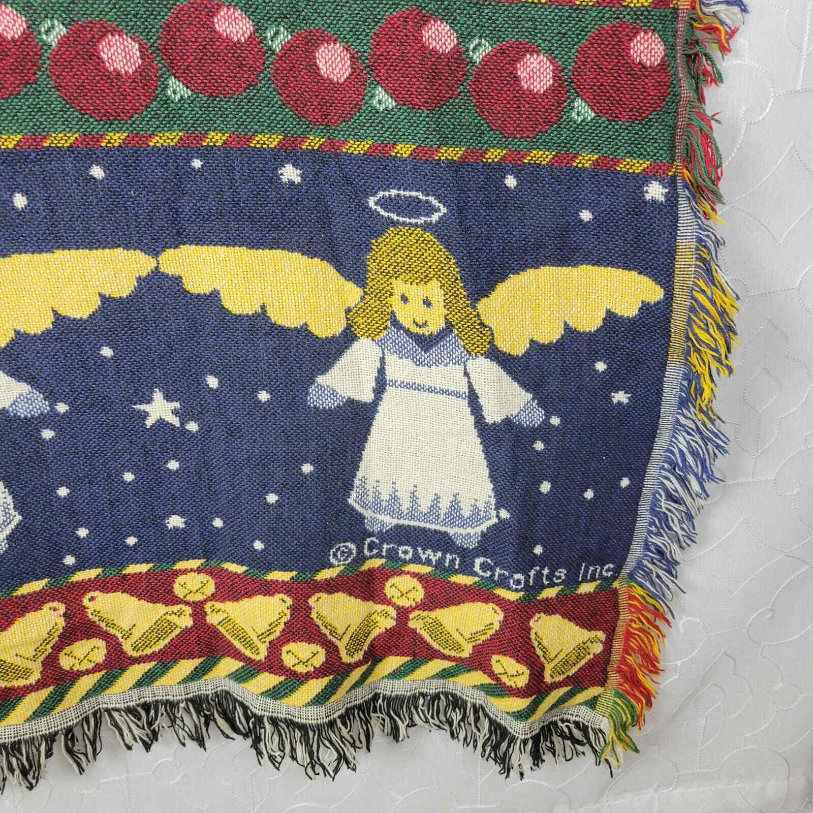 Vintage Crown Crafts Christmas Angel Woven Throw 62 x 50 Fringe Afghan Cotton